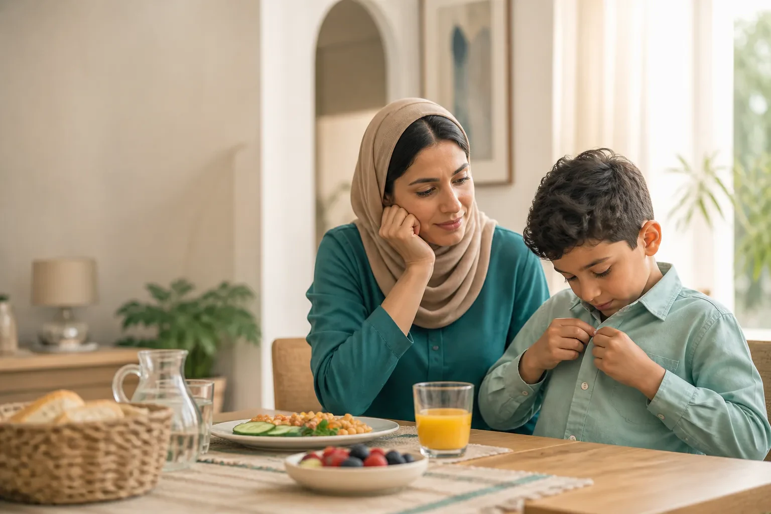 أم تتابع طفلها أثناء تعلم مهارة يومية