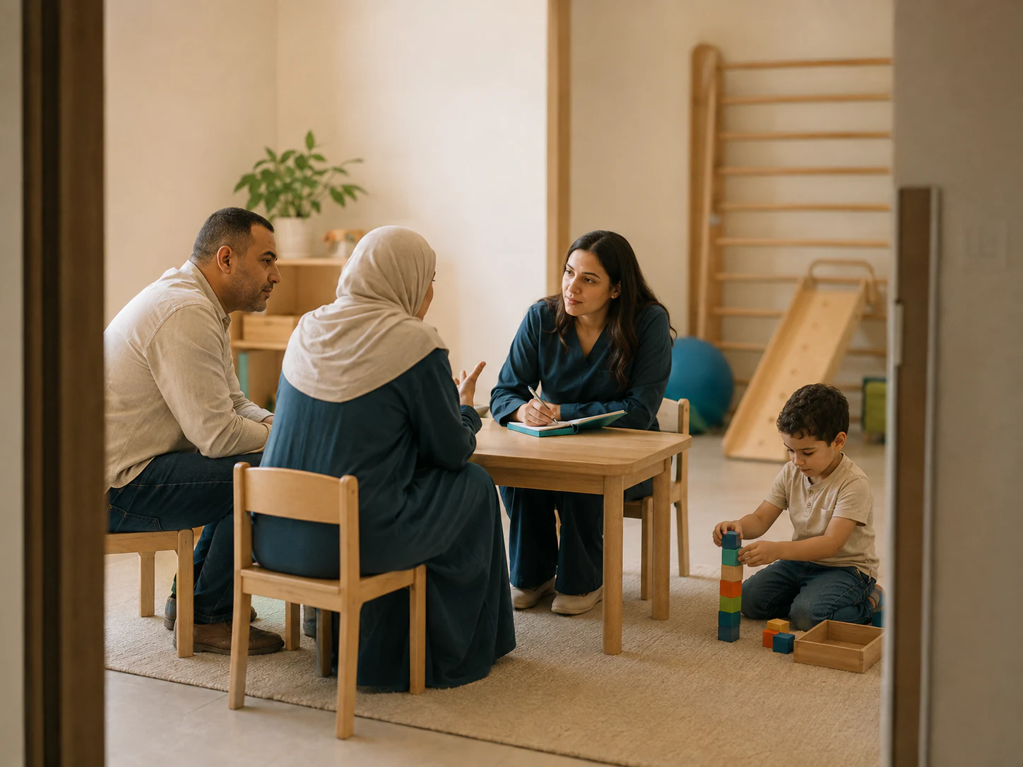 أسرة تتحدث مع أخصائي عن رحلة طفلها
